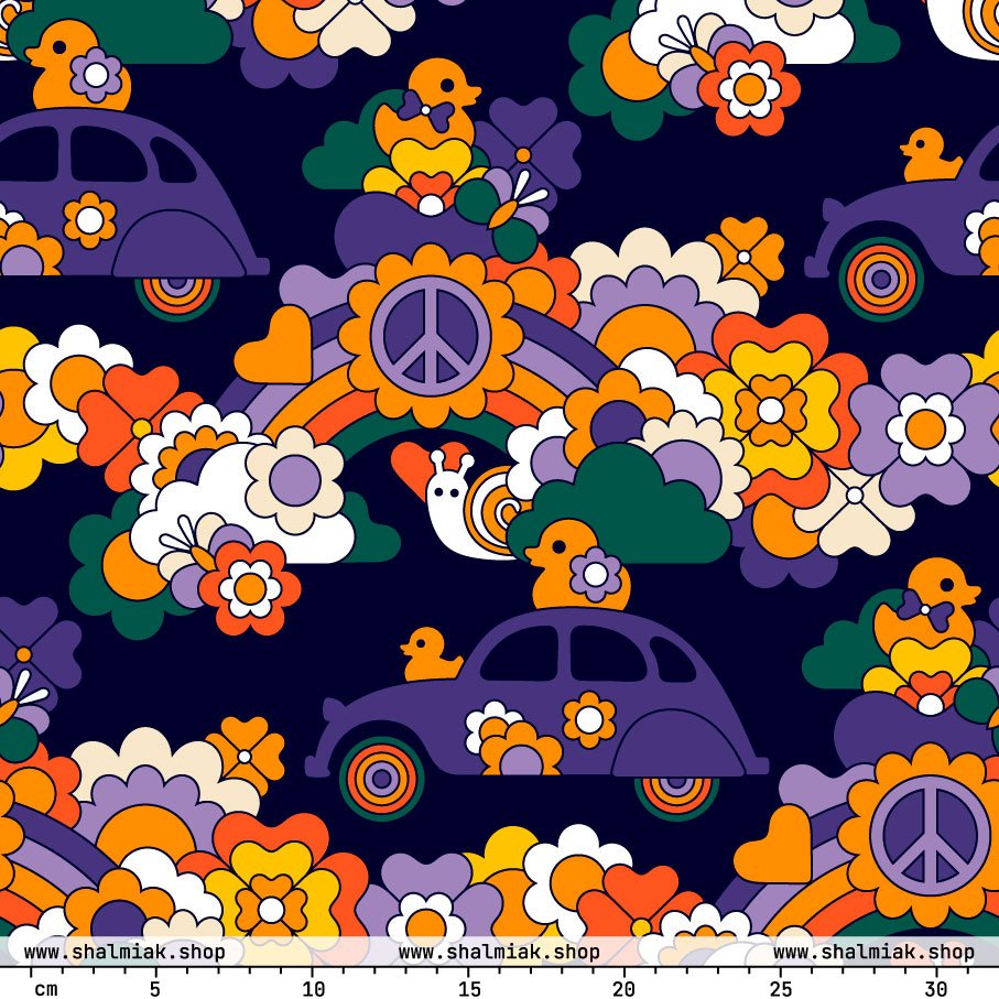 Stoff - DUCKS AND PEACE lila - Hippie-Roadtrip-Muster