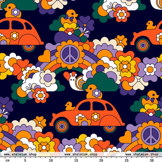 Tyg - DUCKS AND PEACE lila 2 - Hippieäventyr-mönster