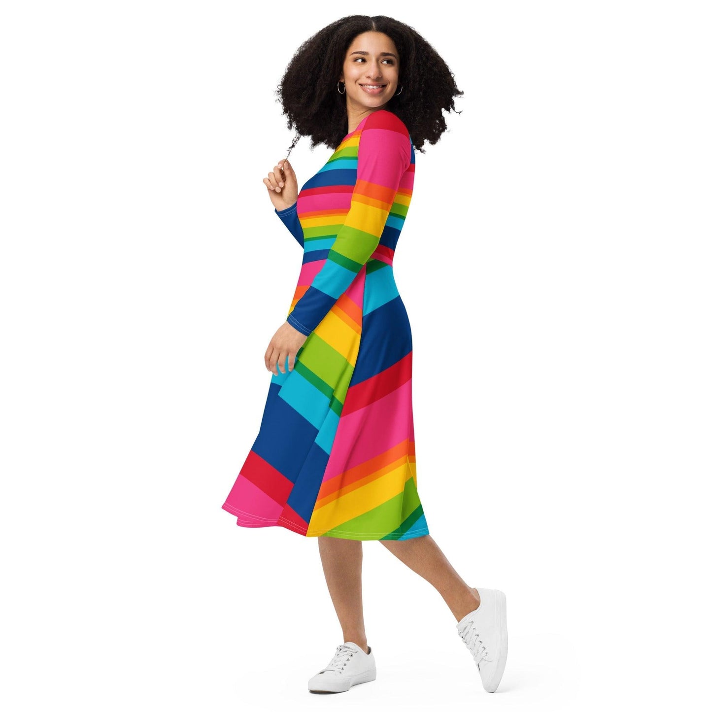 ELLIE rainbow stripe - Midi Dress With Pockets - SHALMIAK
