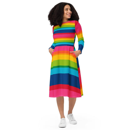 ELLIE rainbow stripe - Midi Dress With Pockets - SHALMIAK