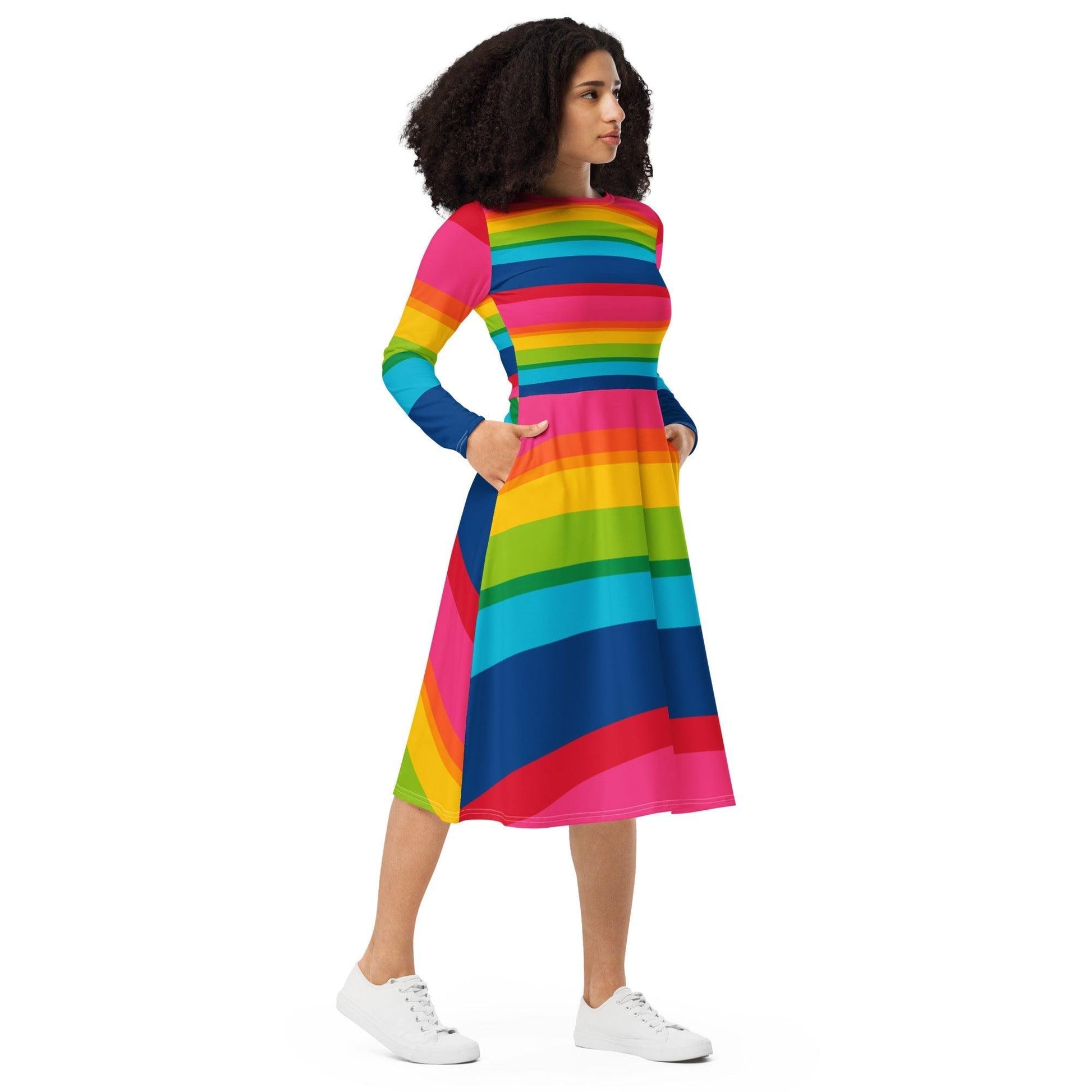 ELLIE rainbow stripe - Midi Dress With Pockets - SHALMIAK