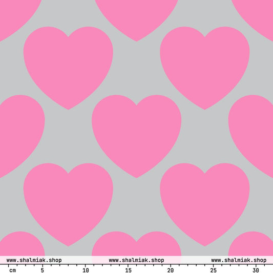 Fabric - ELLIE LOVE pink grey - Bold Heart Print