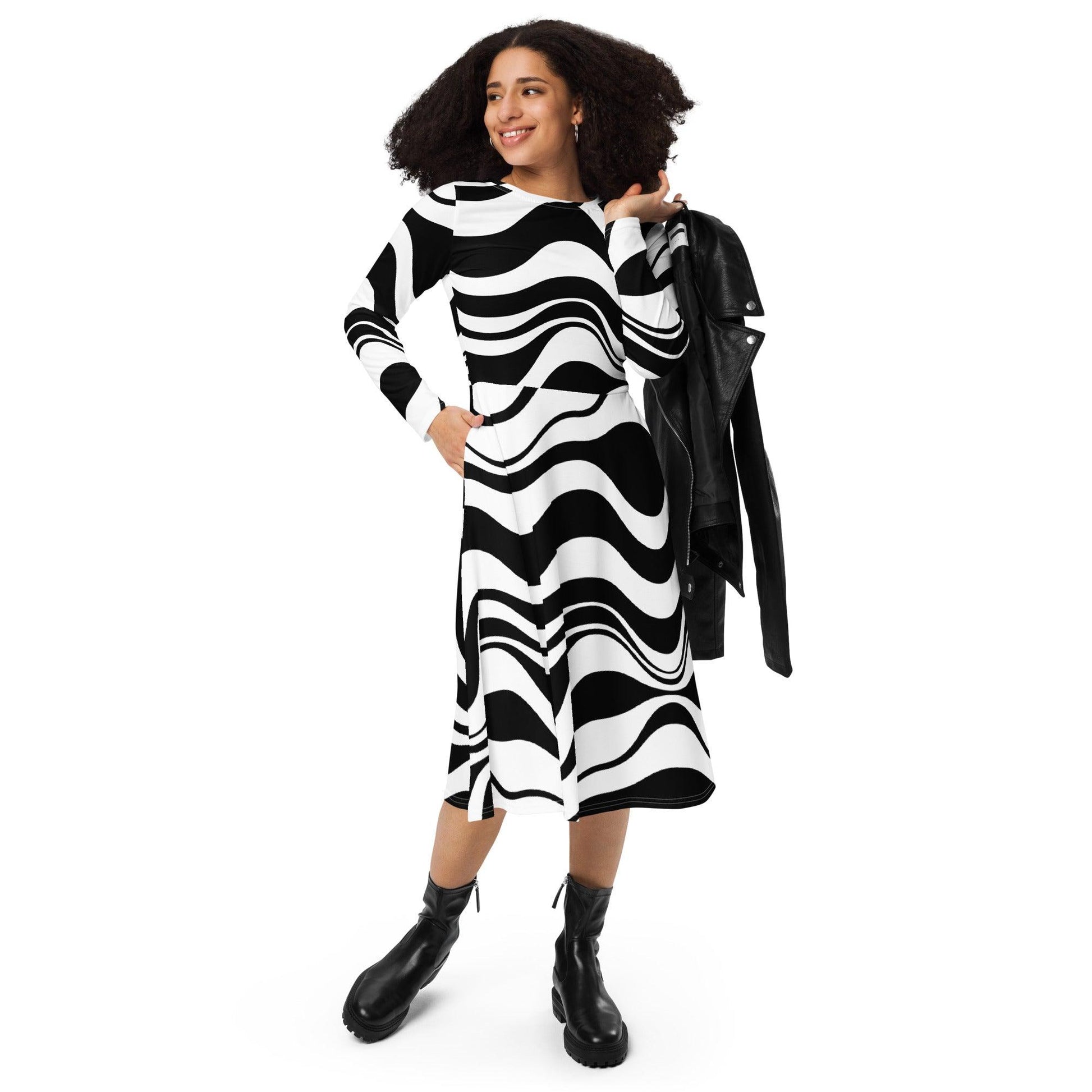 ENERGY WAVES black - Midi Dress With Pockets - SHALMIAK