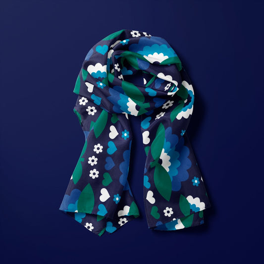 Scarf - FALL IN LOVE magic blue - Elegant flower and heart print