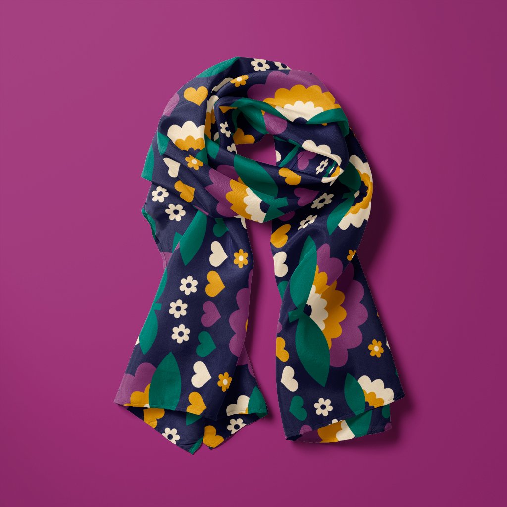 Scarf - FALL IN LOVE purple - Elegant flower and heart print