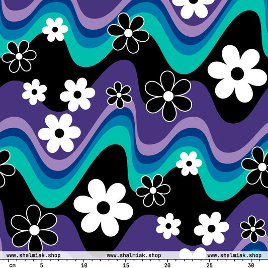 Fabric - FLORA RAVE purple - Bold stripes and flowers print