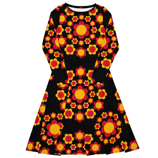 FLOWERSHOP red yellow - Midi dress with long sleeves and handy pockets