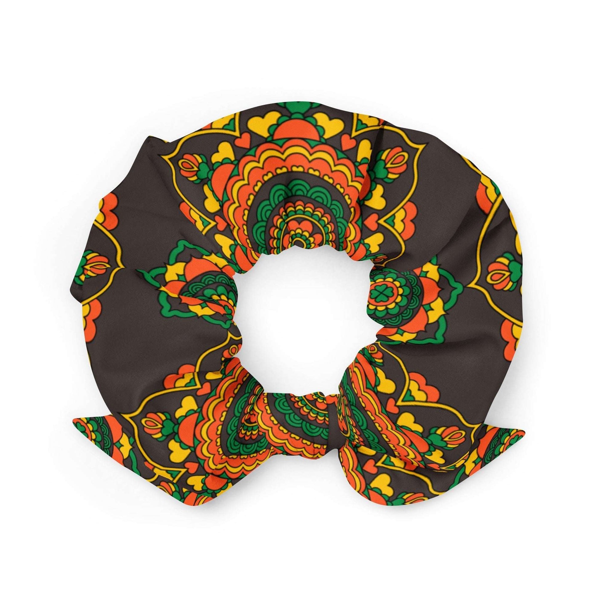Scrunchie - FOREVERMORE green brown - Romantic flower and heart print