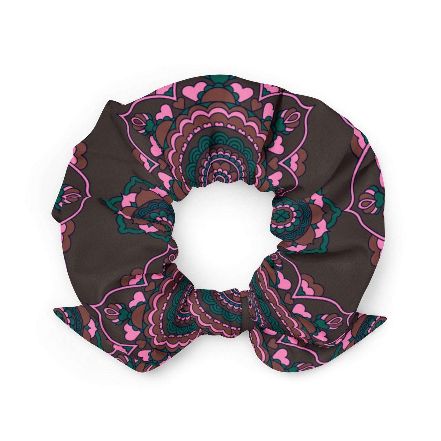 Scrunchie - FOREVERMORE pink brown - Romantic flower and heart print