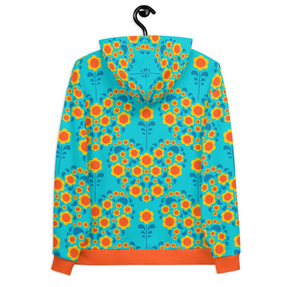 Hoodie - HEARTBEAT orange blue - Flower hearts print
