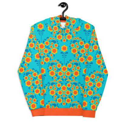 Hoodie - HEARTBEAT orange blue - Flower hearts print 6XL