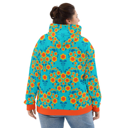 Hoodie - HEARTBEAT orange blue - Flower hearts print