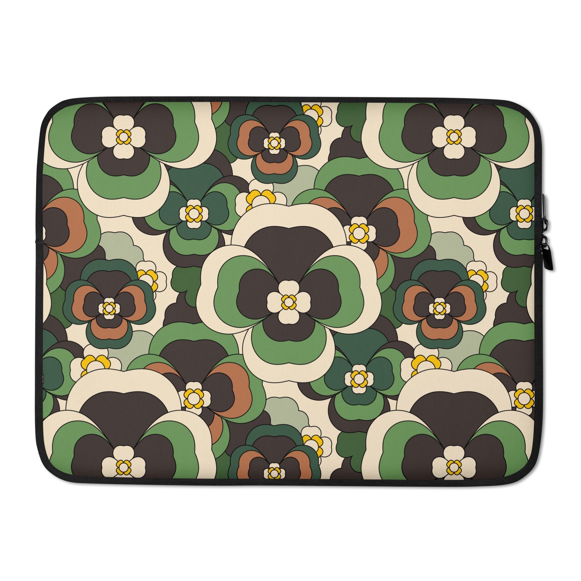 Laptop sleeve - PANSY FANTASY green - Retro pansy print 15″