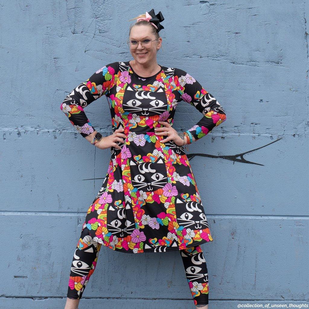 MAGICAT black - Midi Dress With Pockets with black cats - SHALMIAK