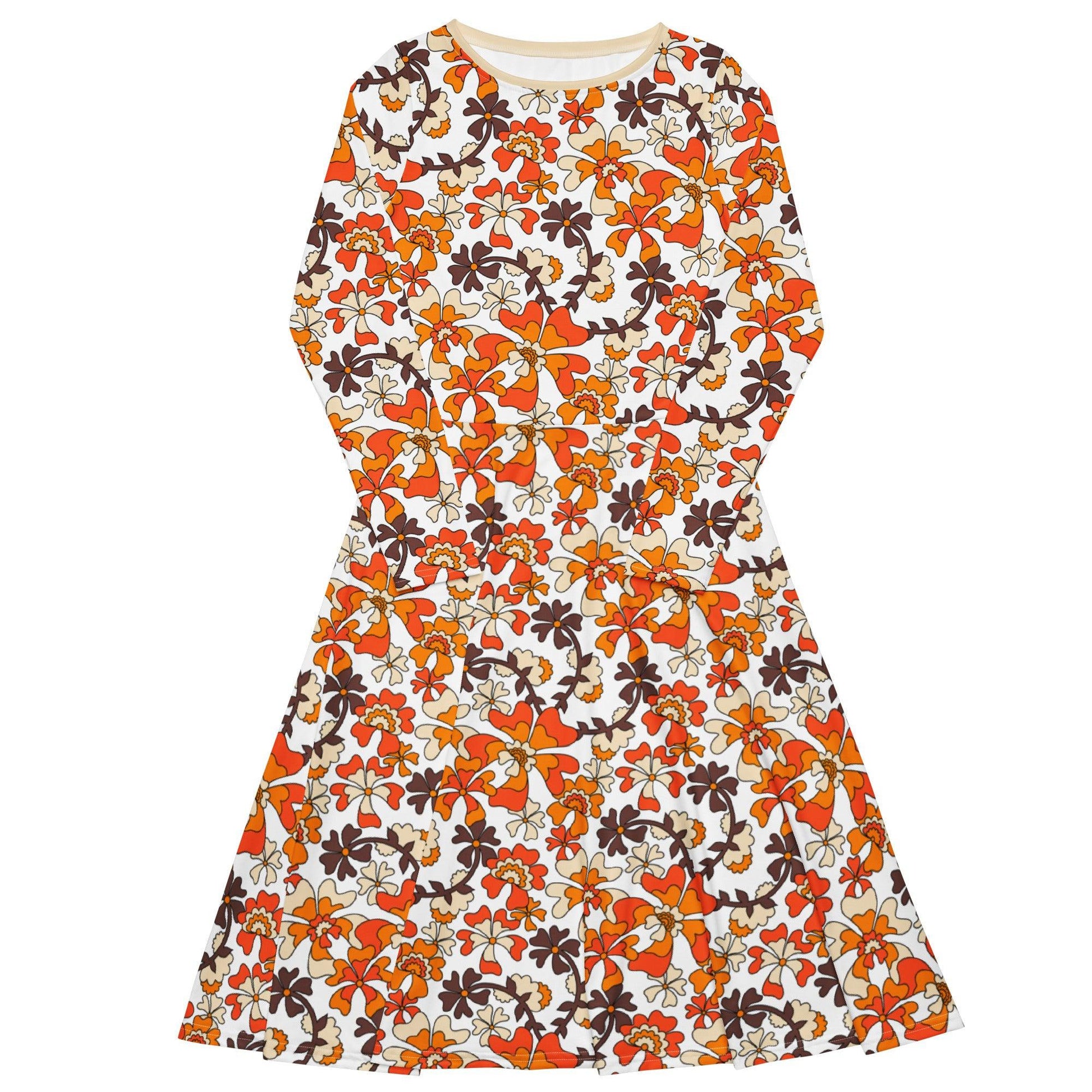 MISS PENNY orange white - Midi dress with long sleeves and handy pockets