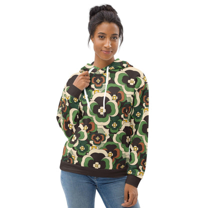 Hoodie - PANSY FANTASY green - Retro pansy print
