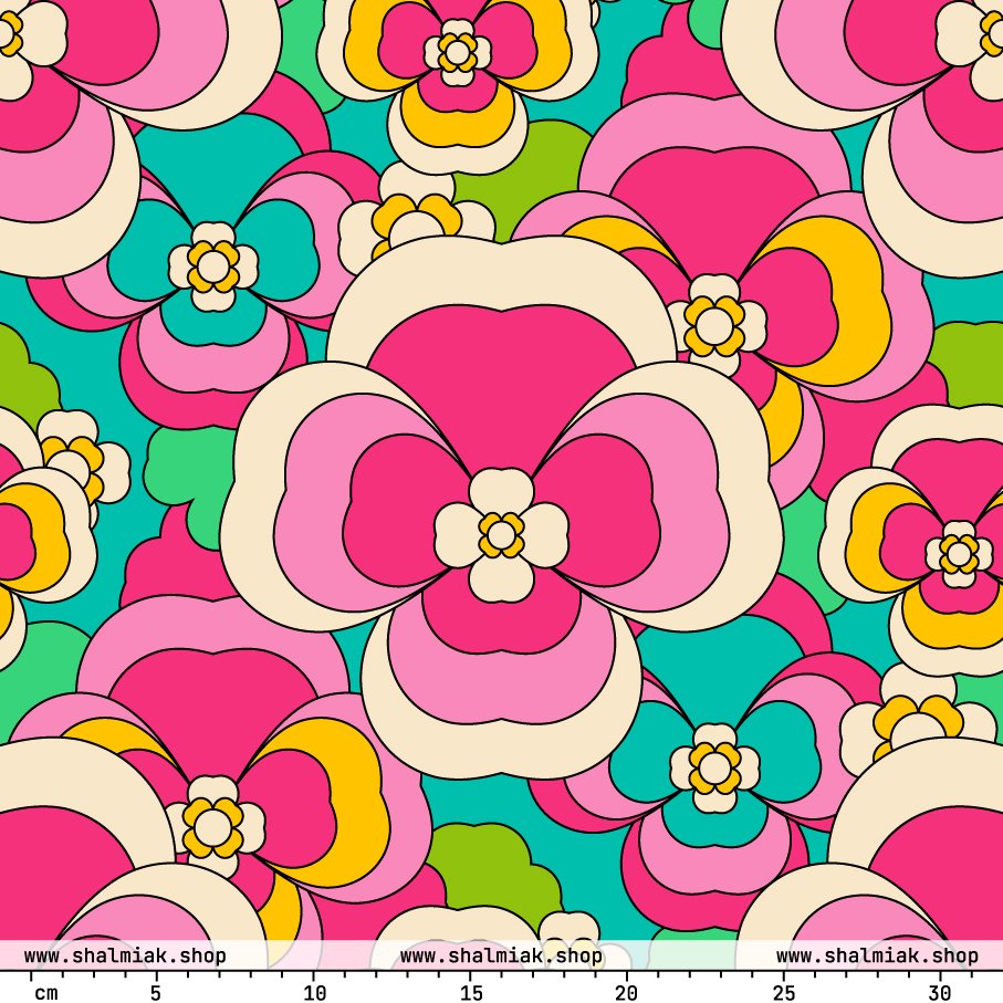 Fabric - PANSY FANTASY pastel - Retro pansy print