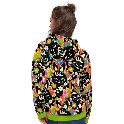 Hoodie - POPBUNNY black - Playful bunnies and flowers print