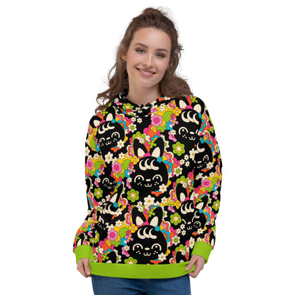 Hoodie - POPBUNNY black - Playful bunnies and flowers print