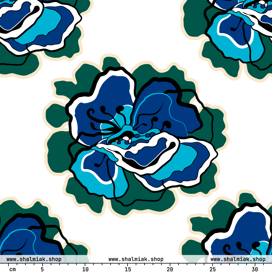 Stoff - POPPY PARADE blau weiß - Kräftiges Mohnblumenmuster