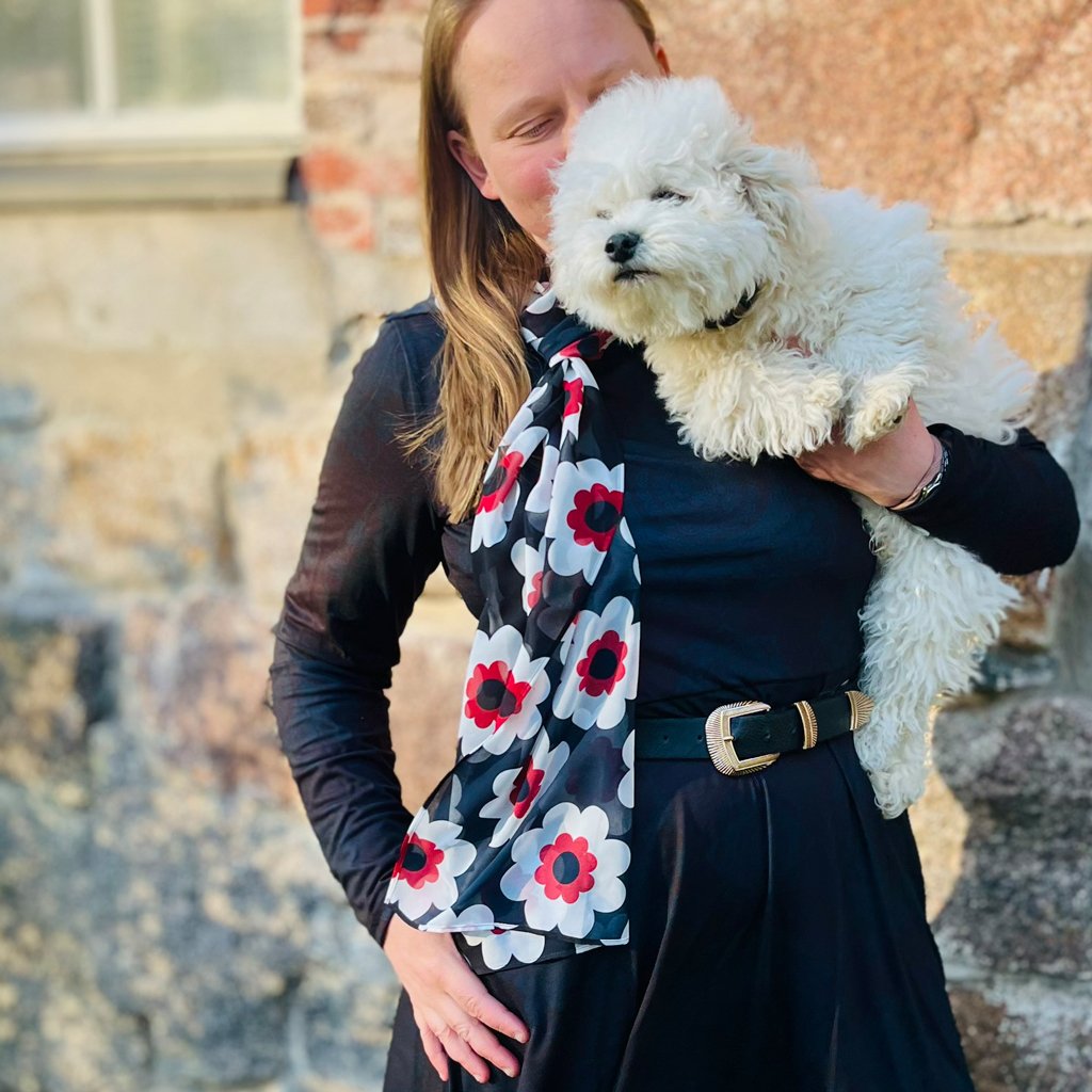Scarf - FANCY BLOOM red white black - Pretty floral print