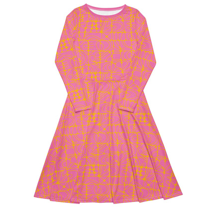 STONE SPIRIT pink yellow - Midi Dress With Pockets - SHALMIAK