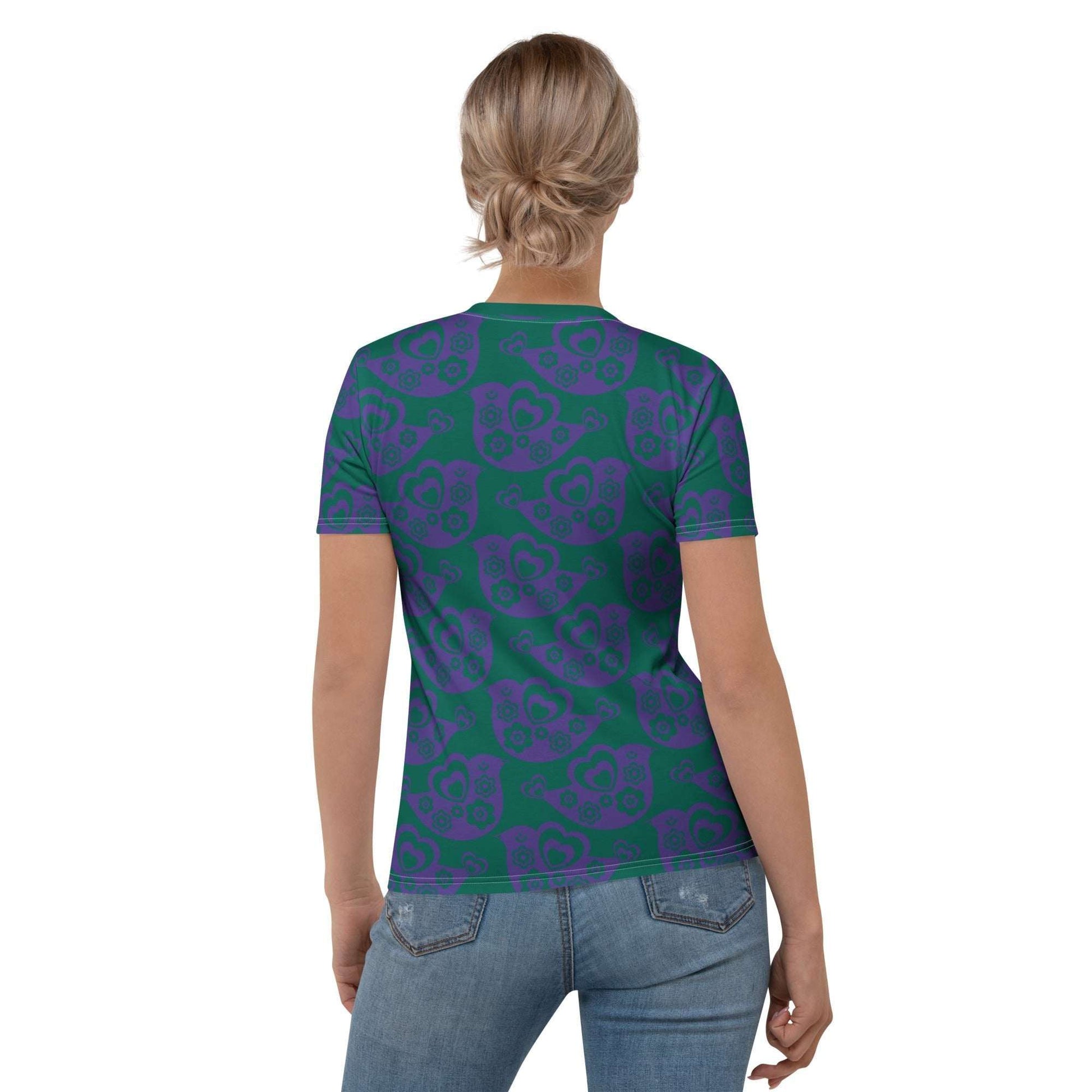 Woman's T-shirt - TWEET LOVE green purple - Birds and hearts print