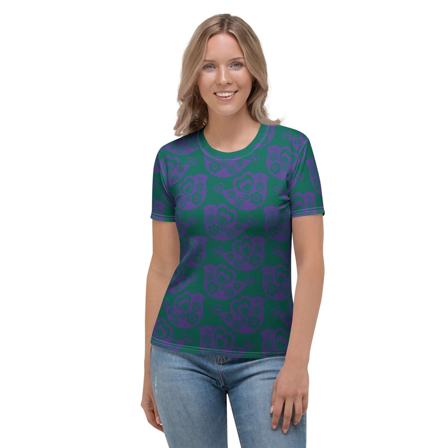 Woman's T-shirt - TWEET LOVE green purple - Birds and hearts print