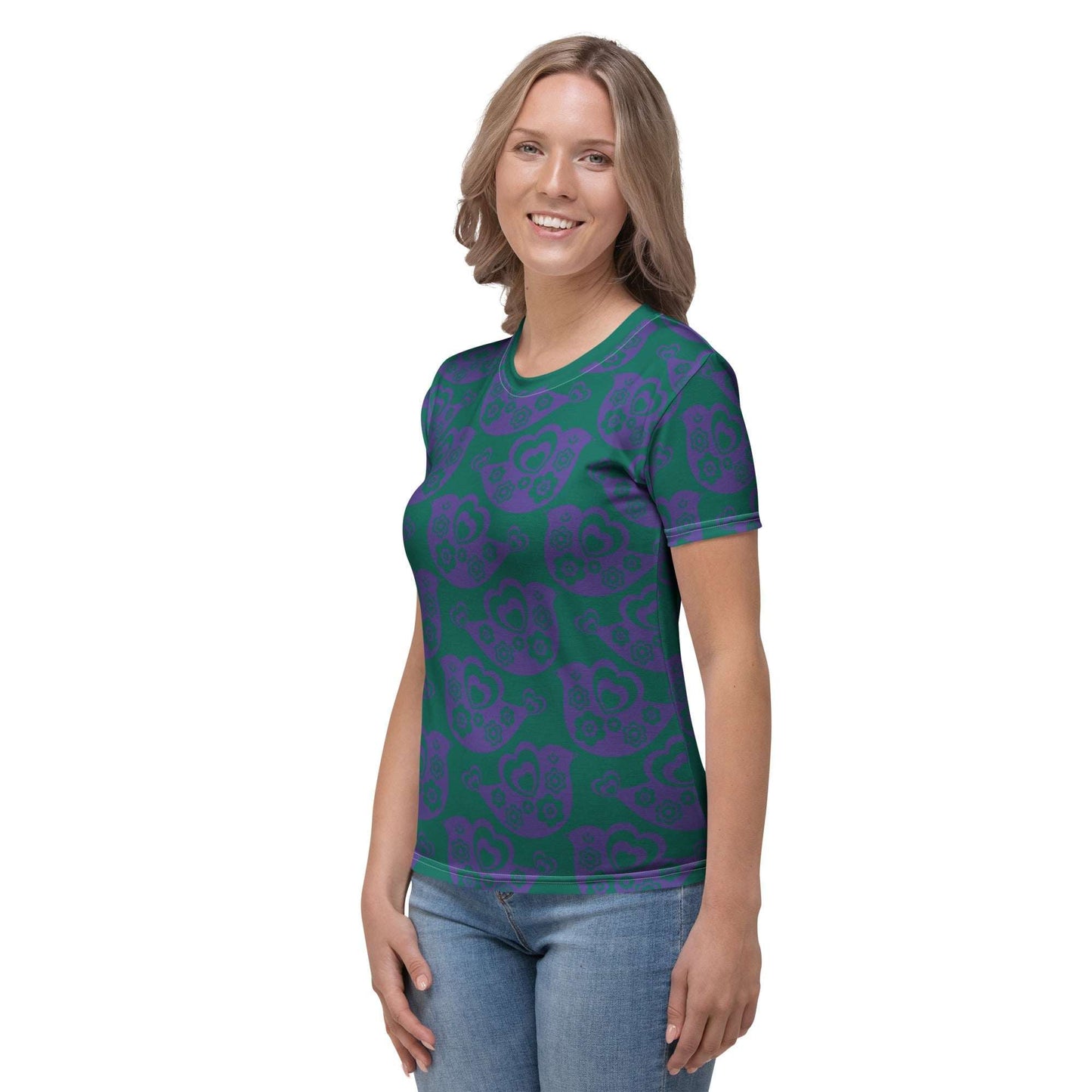 Woman's T-shirt - TWEET LOVE green purple - Birds and hearts print