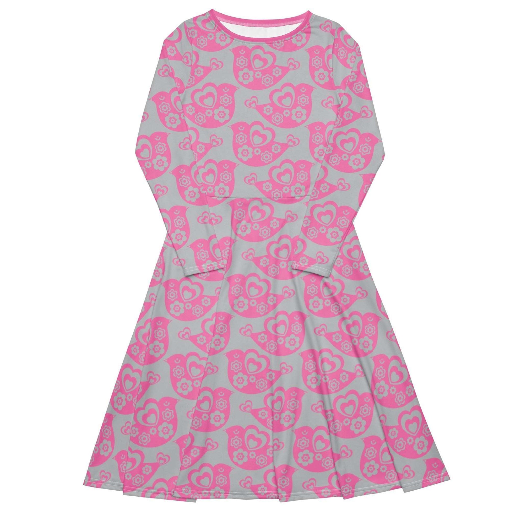 Midi dress - TWEET LOVE pink grey - Birds and hearts print 6XL