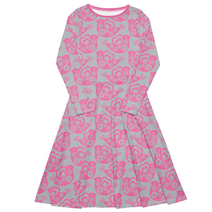 Midi dress - TWEET LOVE pink grey - Birds and hearts print 6XL