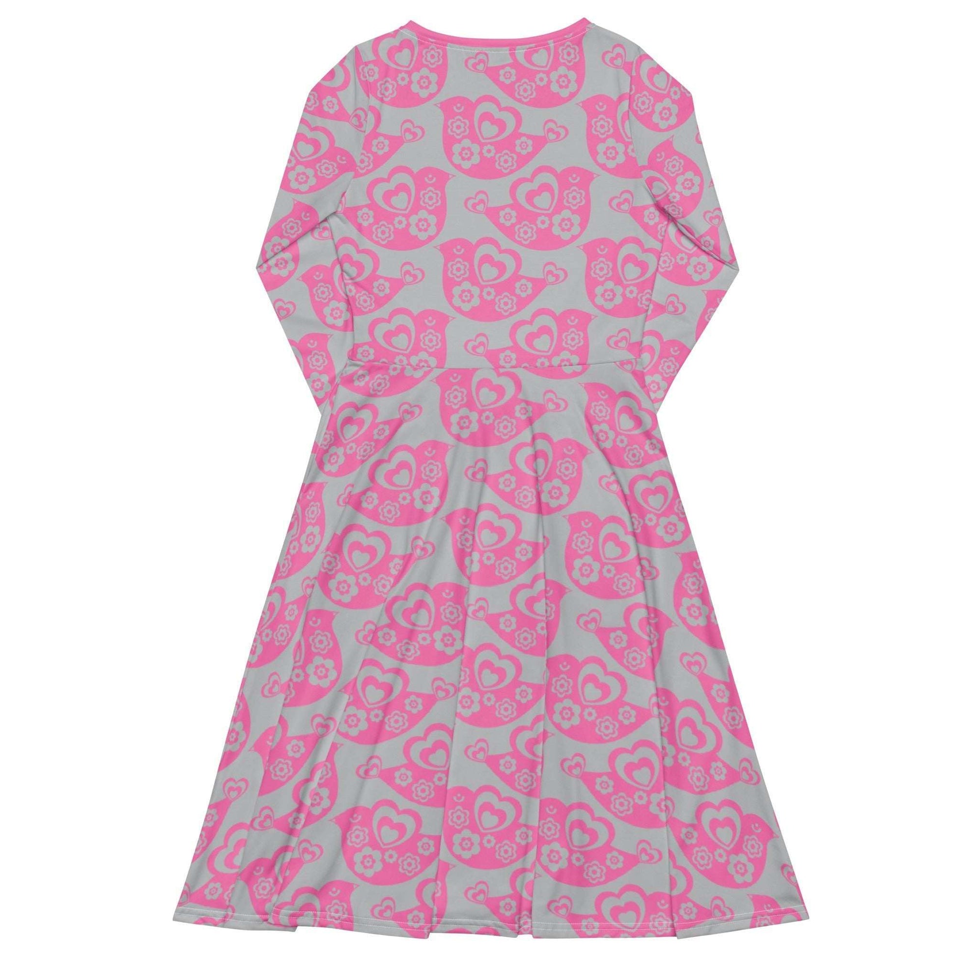 Midi dress - TWEET LOVE pink grey - Birds and hearts print