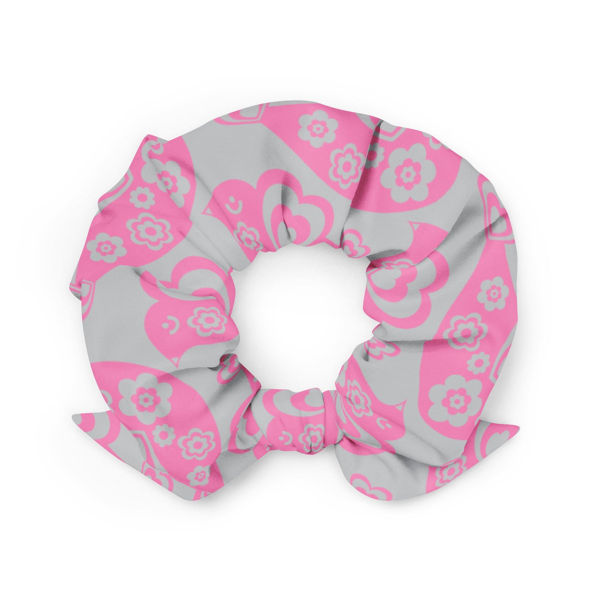 Scrunchie - TWEET LOVE pink grey - Birds and hearts print