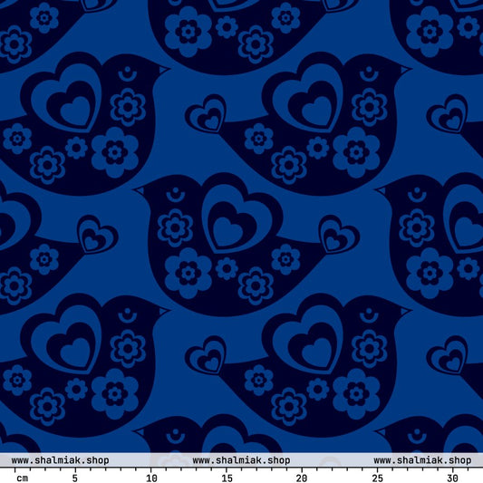 Fabric - TWEET LOVE dark blue - Birds and hearts print