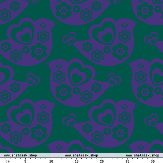 Fabric - TWEET LOVE green purple - Birds and hearts print