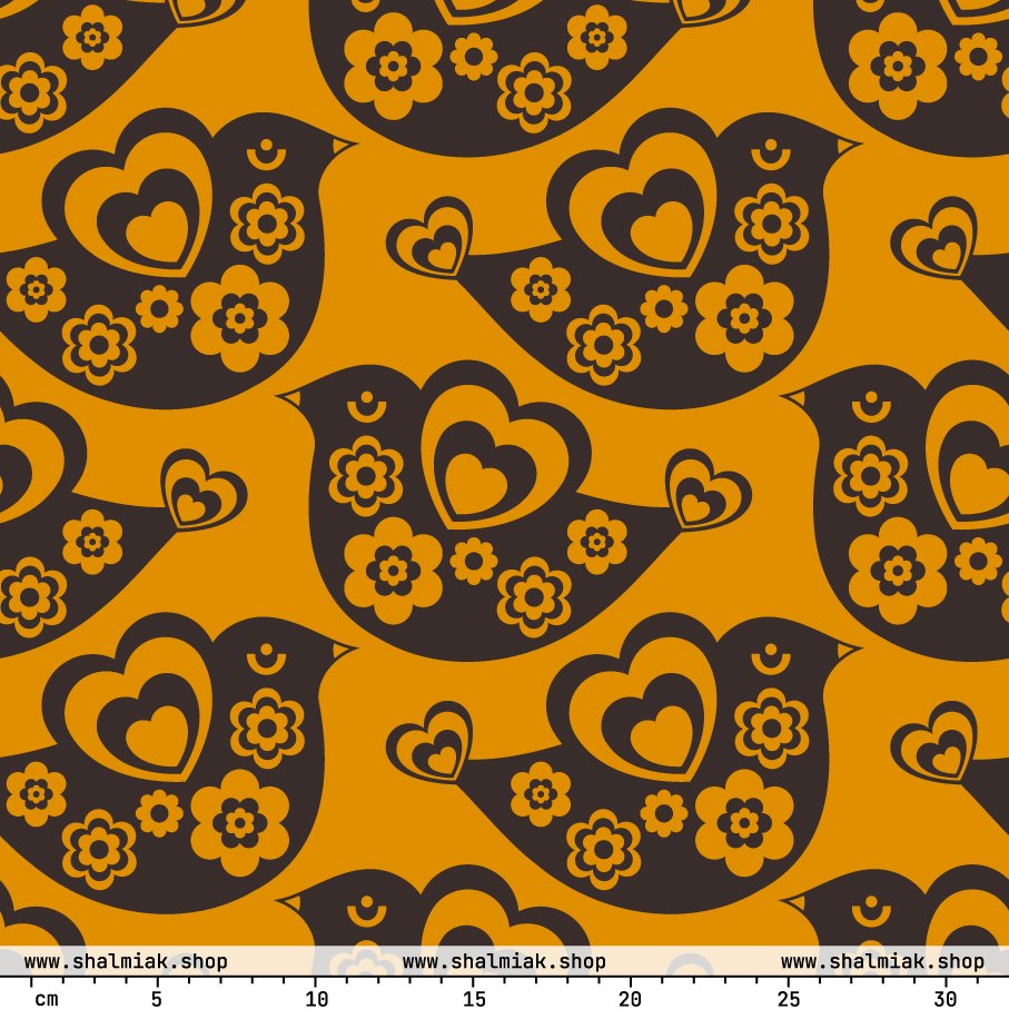 Fabric - TWEET LOVE orange brown - Birds and hearts print
