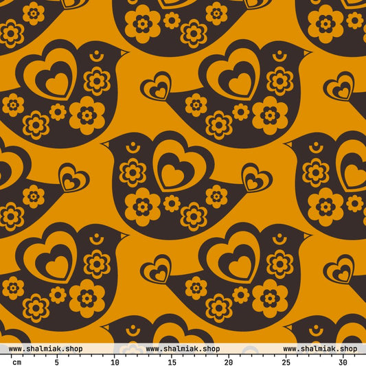 Fabric - TWEET LOVE orange brown - Birds and hearts print