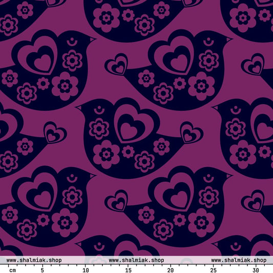 Fabric - TWEET LOVE plum - Birds and hearts print