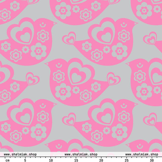 Fabric - TWEET LOVE pink grey - Birds and hearts print