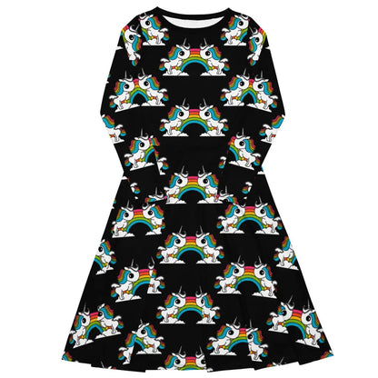 UNIQUE black - Midi dress with long sleeves and handy pockets with unicorns and rainbows