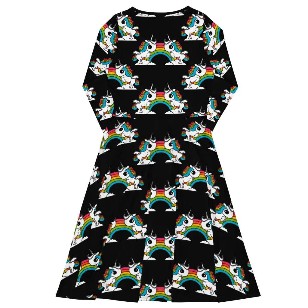 UNIQUE black - Midi dress with long sleeves and handy pockets with unicorns and rainbows