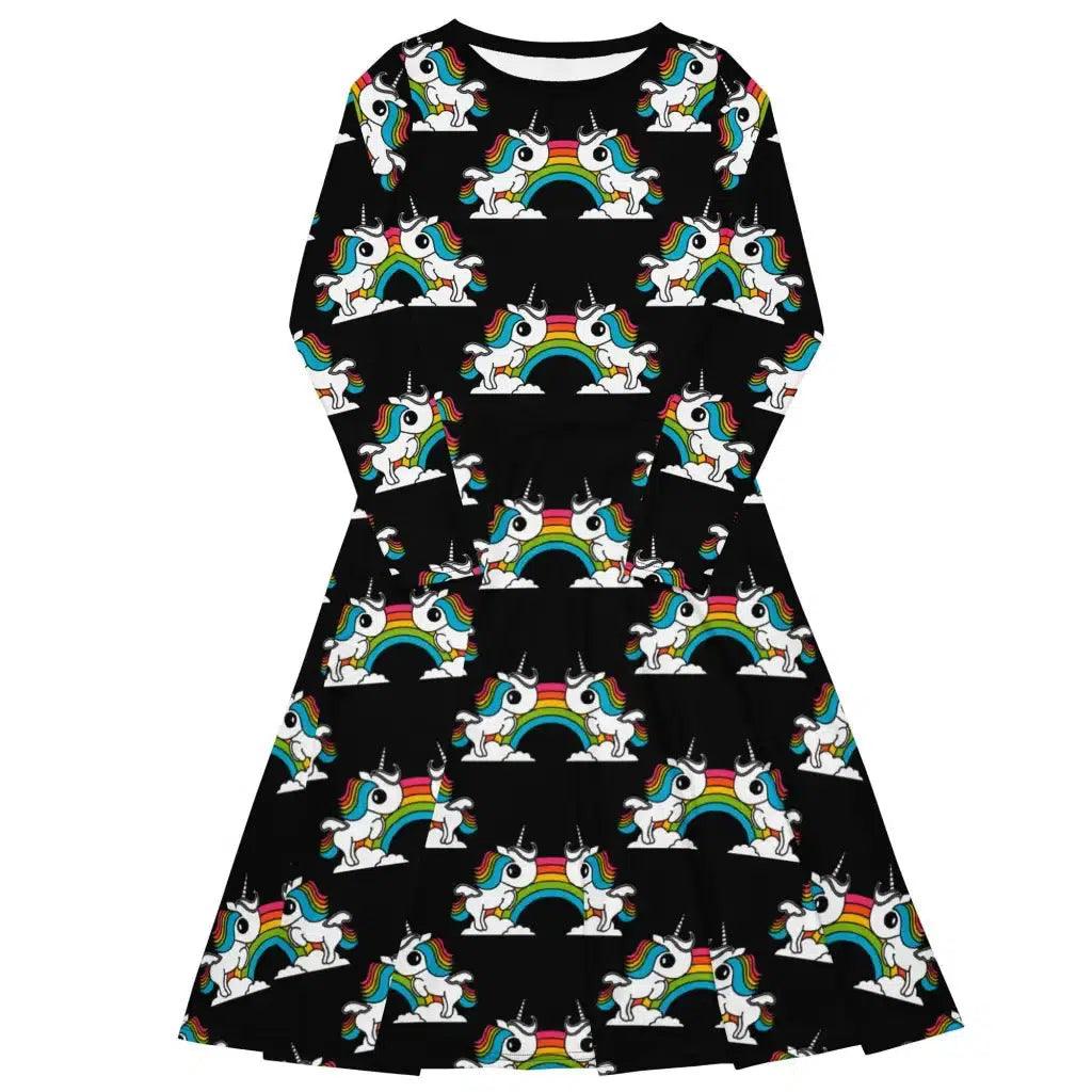 UNIQUE black - Midi Dress With Pockets with unicorns and rainbows - SHALMIAK