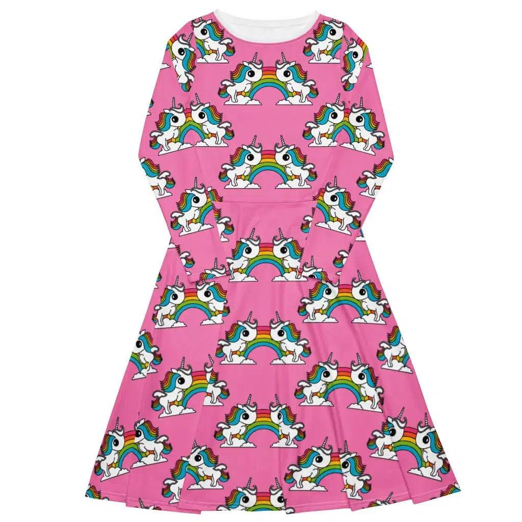 UNIQUE pink - Midi Dress With Pockets with unicorns and rainbows - SHALMIAK