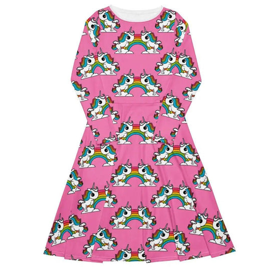 UNIQUE pink - Midi Dress With Pockets with unicorns and rainbows - SHALMIAK
