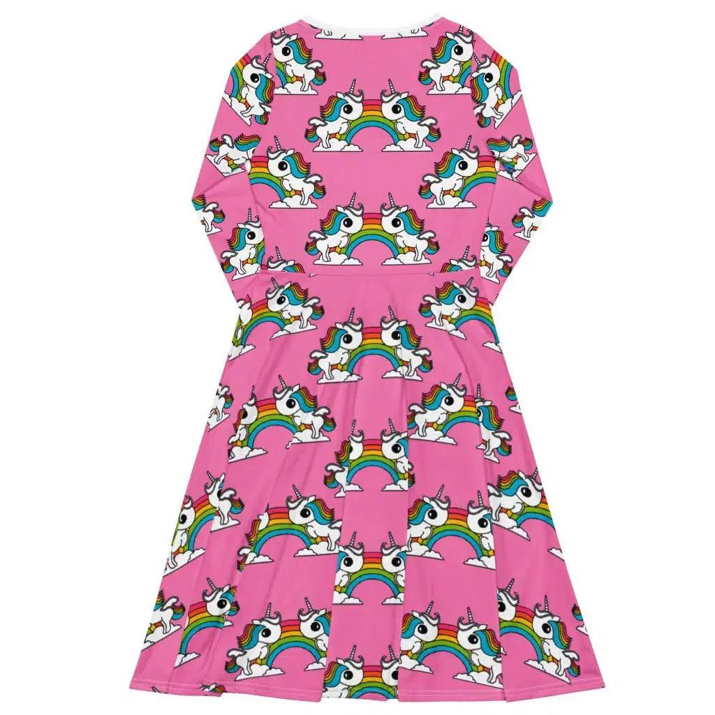 UNIQUE pink - Midi Dress With Pockets with unicorns and rainbows - SHALMIAK