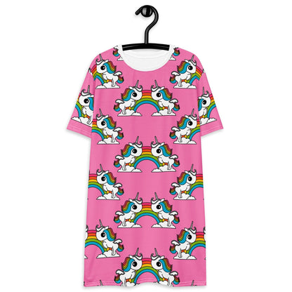 UNIQUE pink - T-Shirt Dress with unicorns and rainbows - SHALMIAK